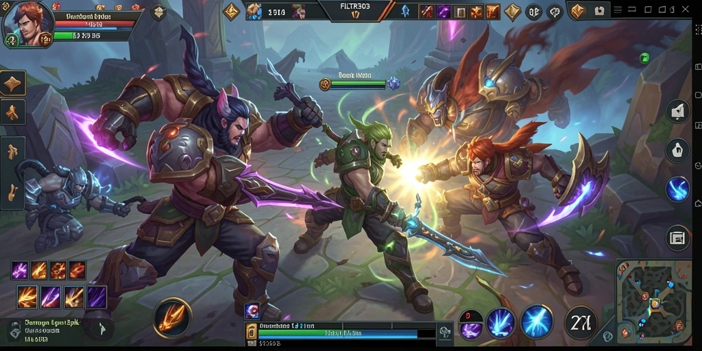 Screenshot gameplay FILTER303 menampilkan pertarungan intens antar hero MOBA.