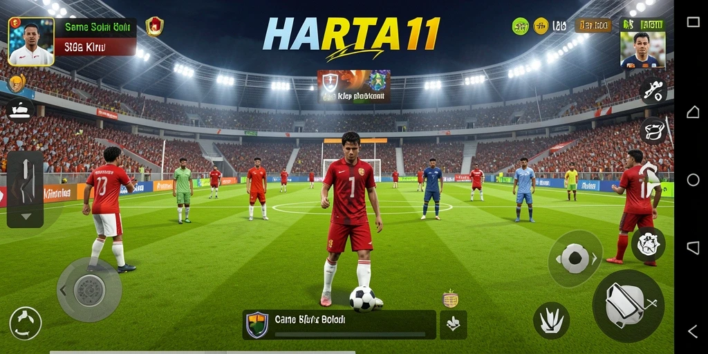 Screenshot gameplay HARTA11 yang menunjukkan aksi seru sepak bola.