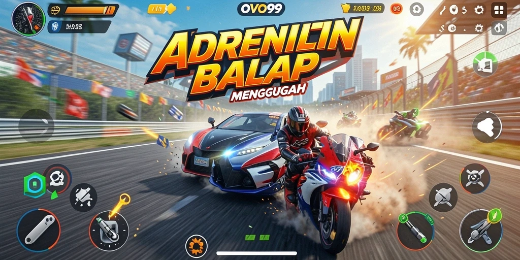 Tangkapan layar gameplay OVO99 menampilkan aksi balapan yang mendebarkan.