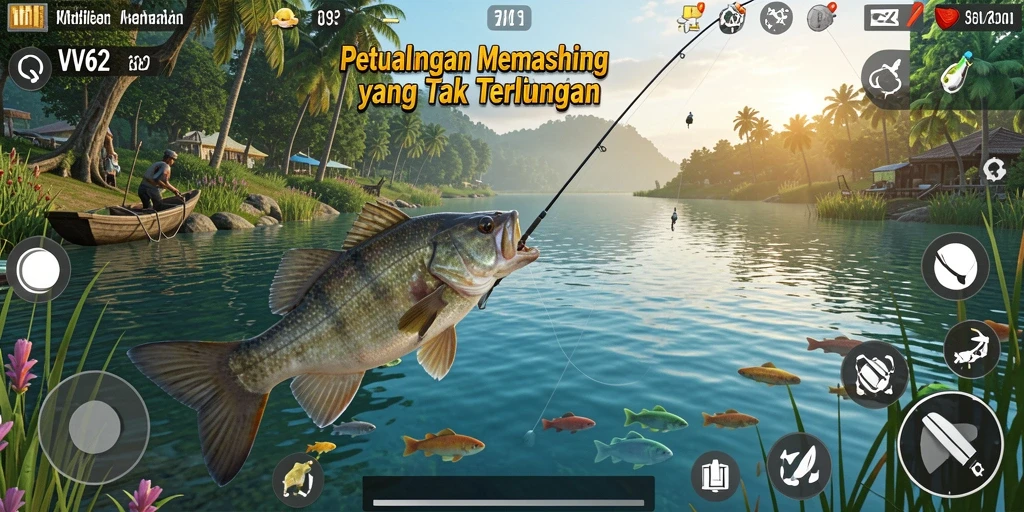 Gameplay VV62 yang menampilkan aksi memancing yang seru dan interaktif.