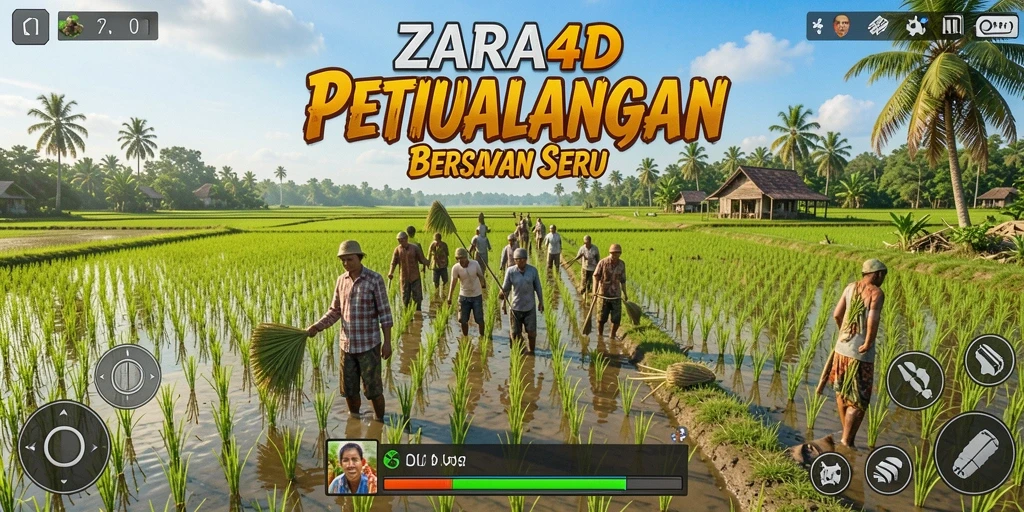 Screenshot gameplay ZARA4D menampilkan kebun yang subur dan tanaman yang berkembang.
